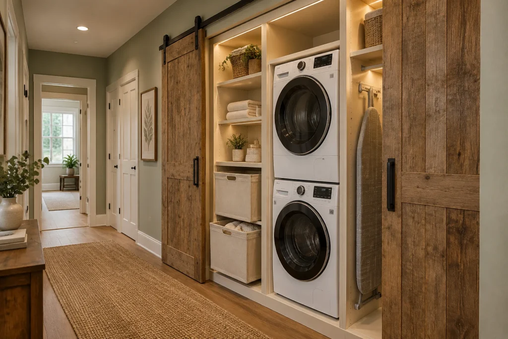 Hallway laundry cabinet with sliding barn doors, recessed hamper bins, and vertical ironing station, Modern Farmhouse Built-in laundry cabinet in a wide hallway recessed niche interior