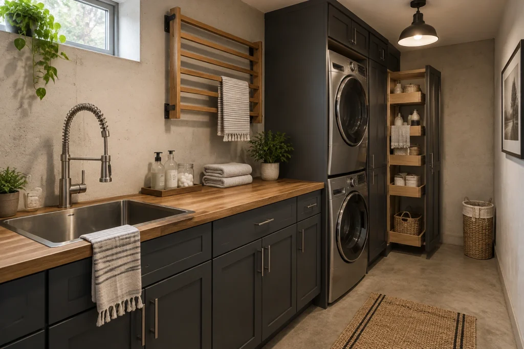 Basement compact laundry with tall storage tower, counter with deep sink, and fold-down drying ladder, Industrial-Casual Small basement laundry room interior