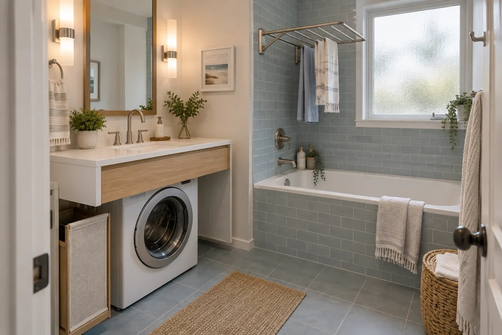 Bathroom-laundry combo with washer under vanity, fold-down drying bar over tub, and slim hidden hamper, Coastal Contemporary Small combined bathroom and laundry interior