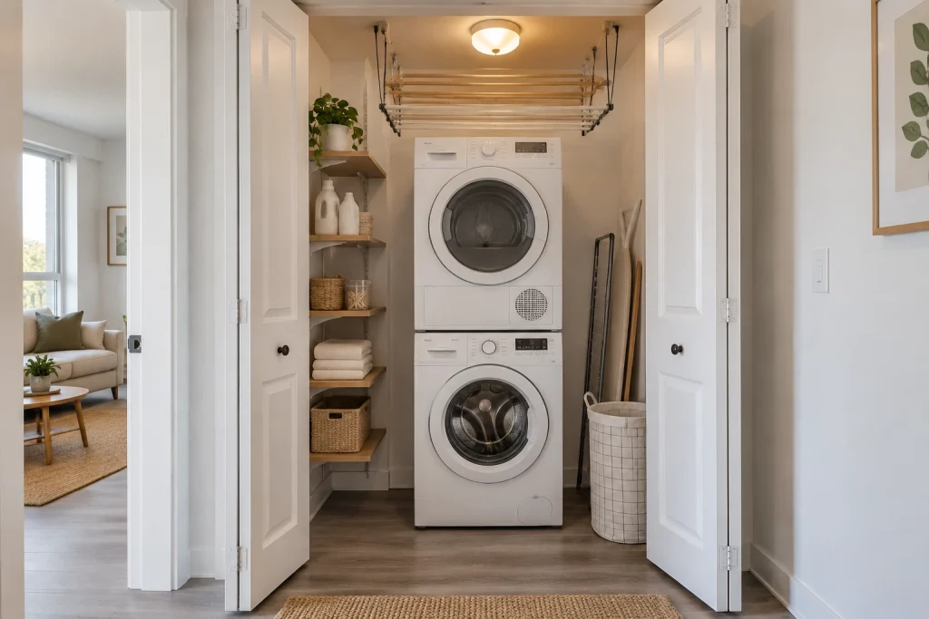 Closet washer with ceiling-mounted pulley drying and wall-mounted vertical shelving for renters, Budget-Friendly Scandinavian Closet laundry for apartment renters interior