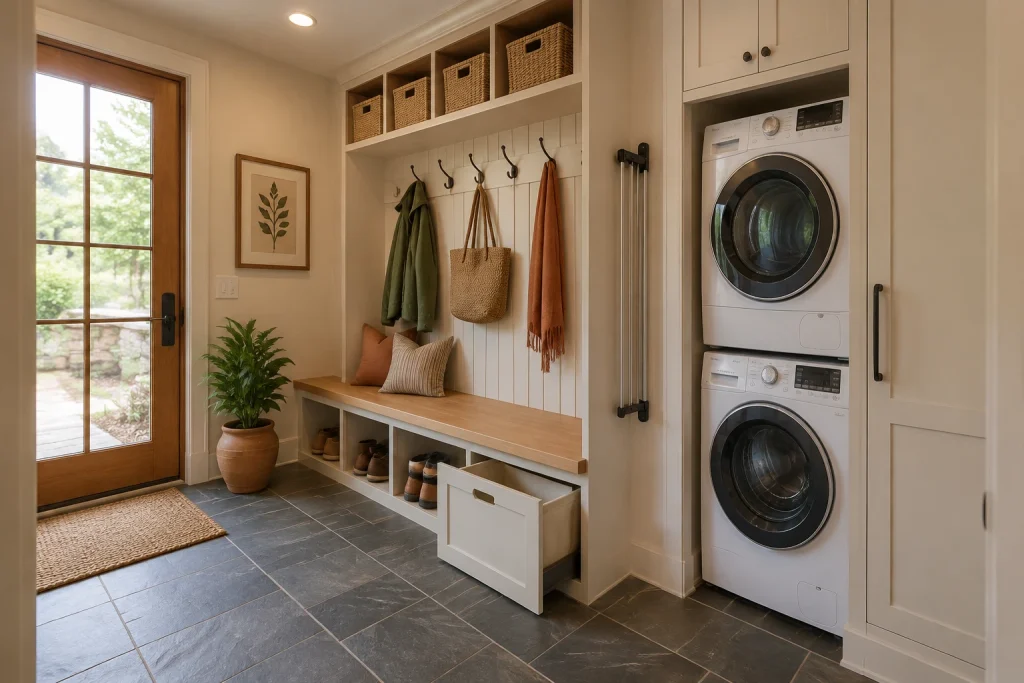 Mudroom-laundry hybrid with bench, cubbies, pull-out hamper and vertical drying rod, Casual Craftsman Small entry mudroom with laundry stack interior