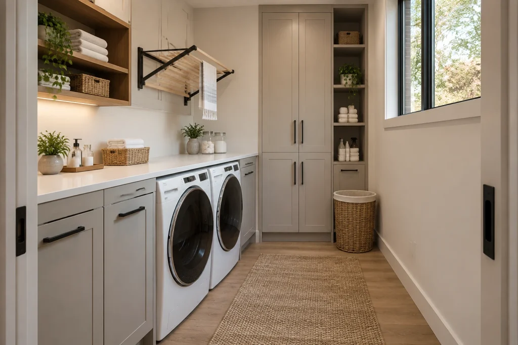 Pocket-door modern-luxe compact laundry with hidden hampers, vertical cabinet organizers, and fold-down drying shelf, Modern Warm Minimal Small dedicated laundry room with pocket door interior