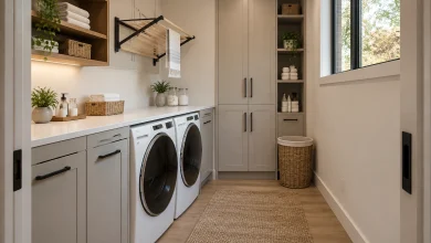 Pocket-door modern-luxe compact laundry with hidden hampers, vertical cabinet organizers, and fold-down drying shelf, Modern Warm Minimal Small dedicated laundry room with pocket door interior