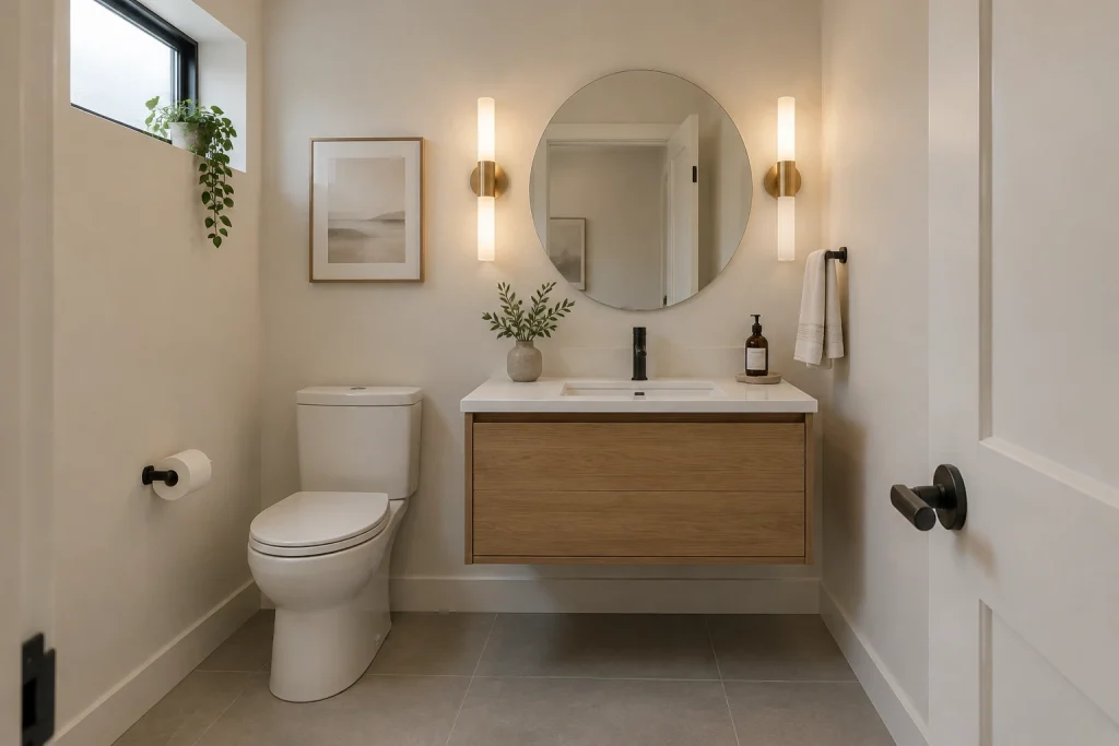 Floating oak vanity with single deep drawer in a narrow powder room, Modern organic Narrow powder room (approx. 5' x 7') interior