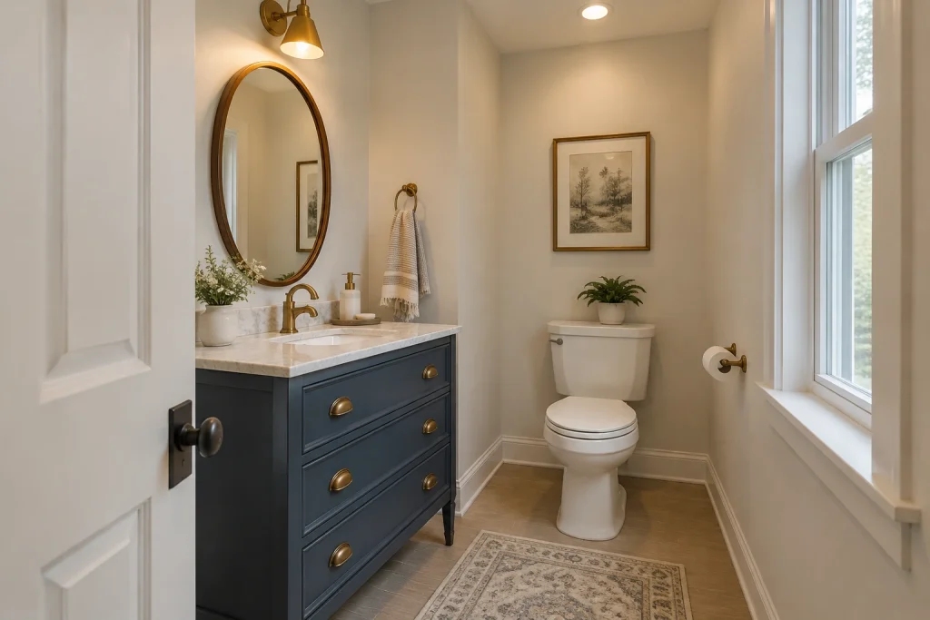 Furniture-style vanity repurposed from a small dresser, Transitional / vintage-inspired Compact guest bathroom (approx. 6' x 6') interior