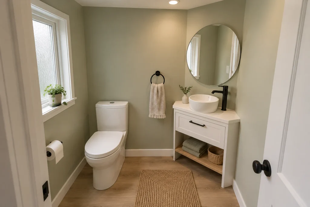 Corner compact vanity with round vessel sink for tight footprints, Scandinavian minimal Very small half bath (approx. 4.5' x 5.5') interior