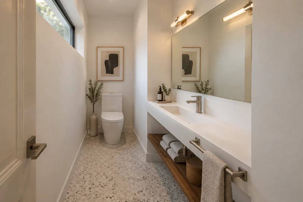 Slim linear console vanity for an open, airy look, Contemporary minimal Powder room within an entry hall alcove (approx. 3.5' x 7') interior