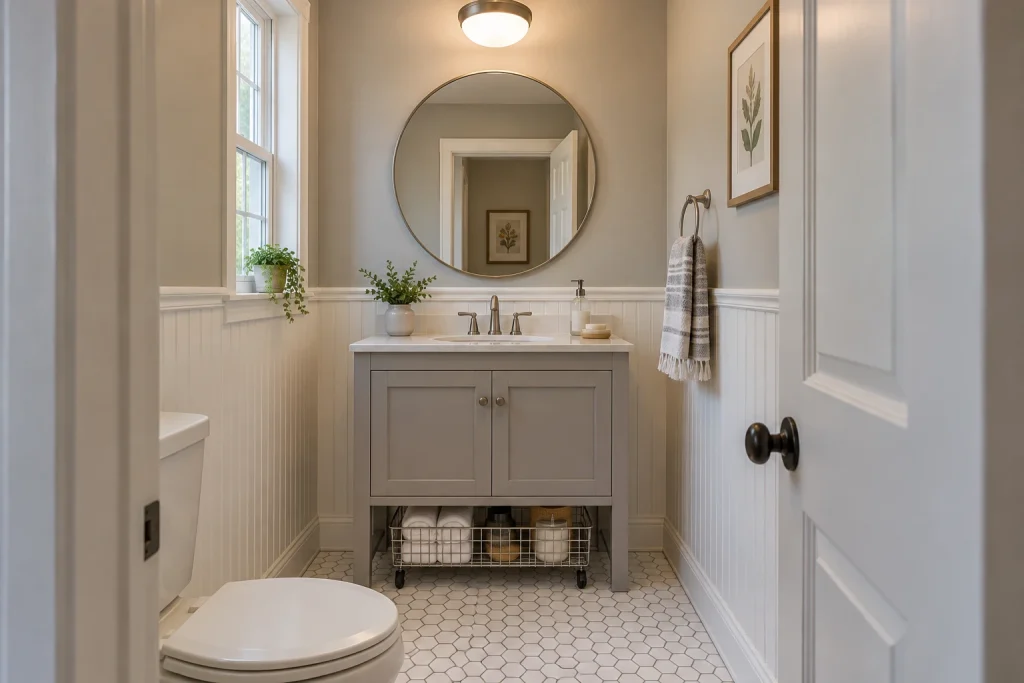 Renter-friendly freestanding cabinet vanity with portable storage, Casual modern (renter-adaptable) Small rented apartment guest bath (approx. 5' x 6') interior
