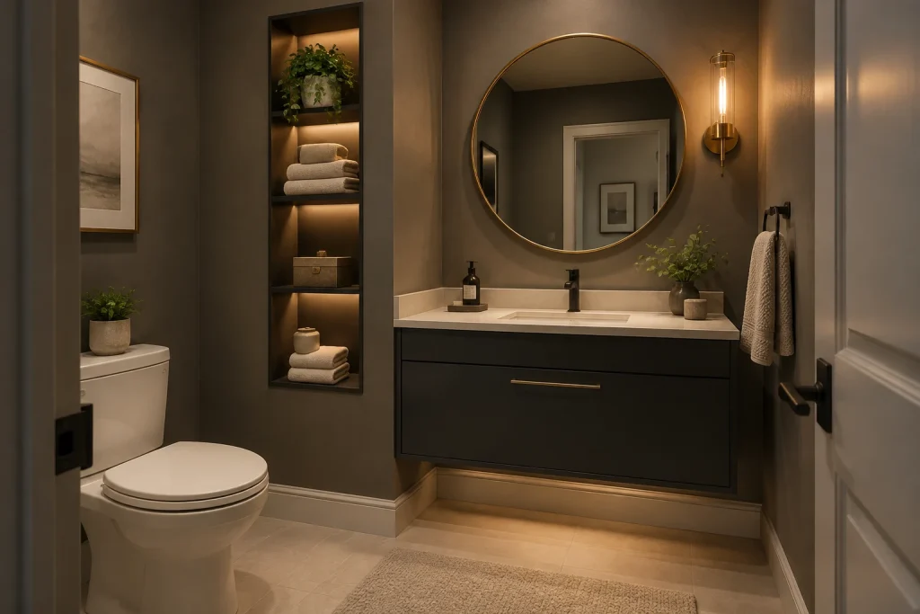 Compact dark-moody vanity with integrated niche storage, Moody modern Small guest bath with built-in wall niche (approx. 6' x 5') interior