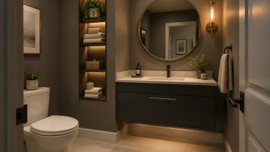 Compact dark-moody vanity with integrated niche storage, Moody modern Small guest bath with built-in wall niche (approx. 6' x 5') interior