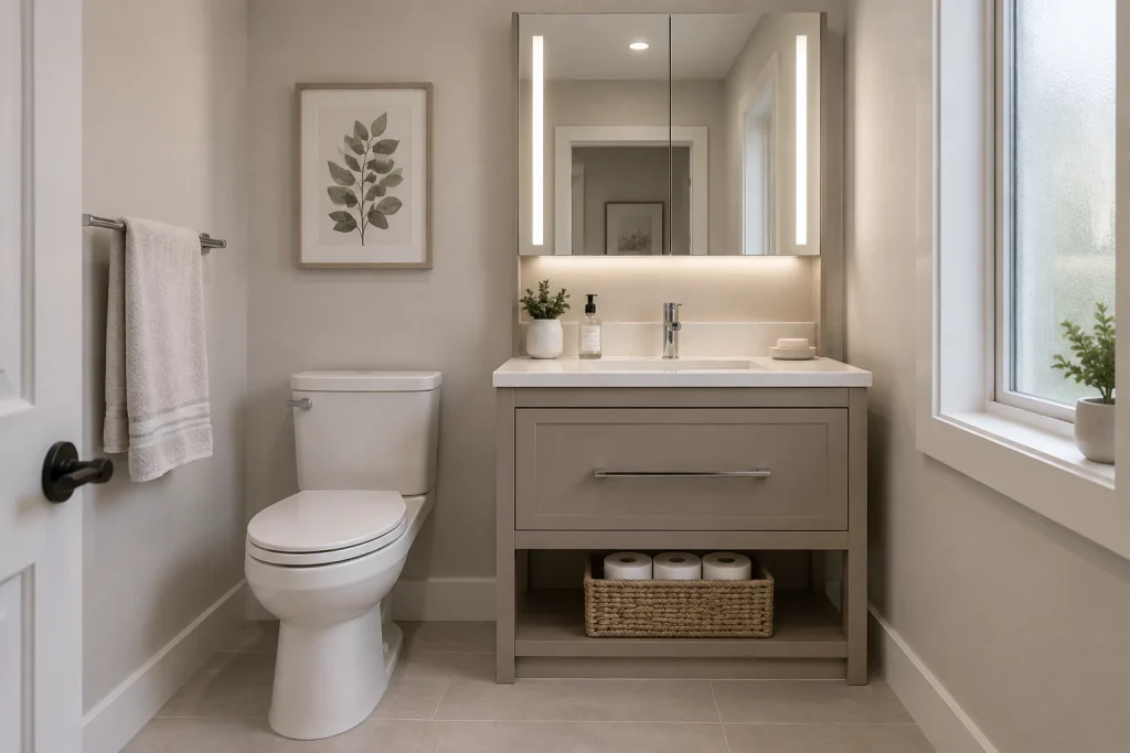 Integrated medicine-cabinet vanity for maximum hidden storage, Contemporary classic Standard guest bath (approx. 6' x 8') interior