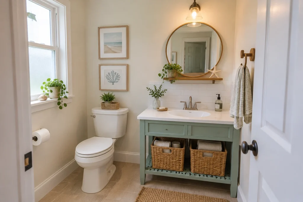 Budget-friendly DIY laminate top vanity with open peg shelving, Coastal casual budget Guest half-bath (approx. 5' x 5') interior