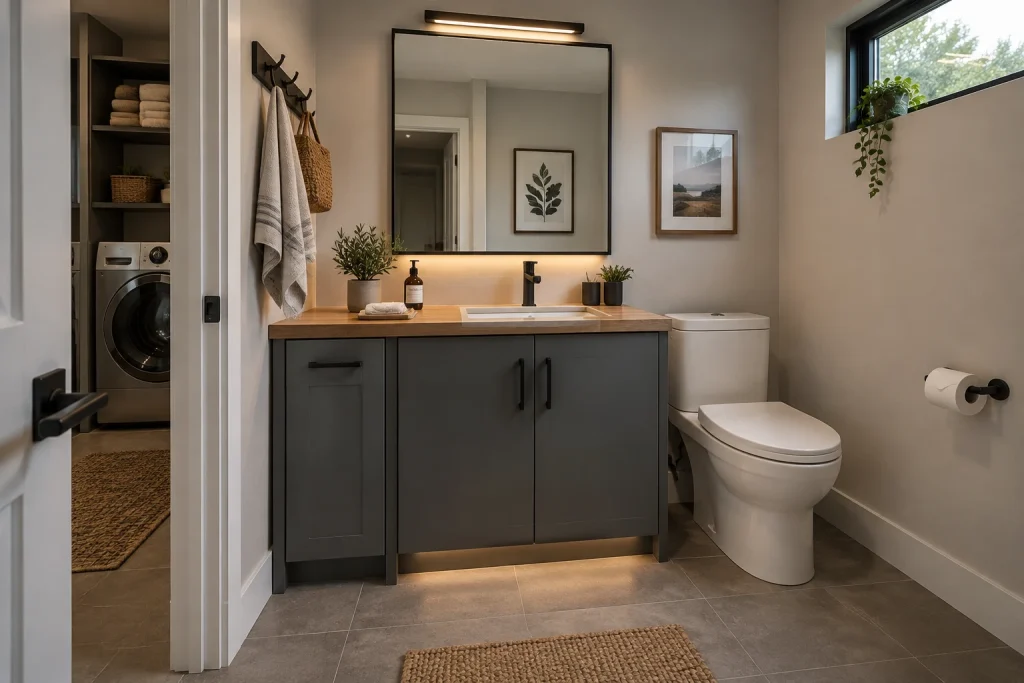 Vanity with built-in laundry-style pull-out storage for dual function, Urban utility Guest bath adjoining utility closet (approx. 7' x 6') interior