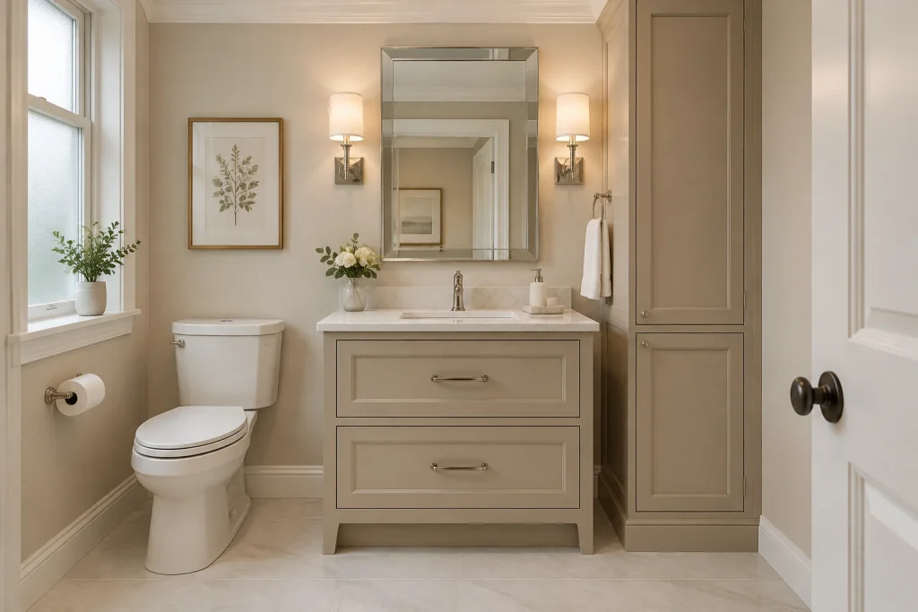 Luxury compact vanity with stone countertop and tall slim linen tower, Modern classic premium Small but high-end guest bath (approx. 6' x 7') interior