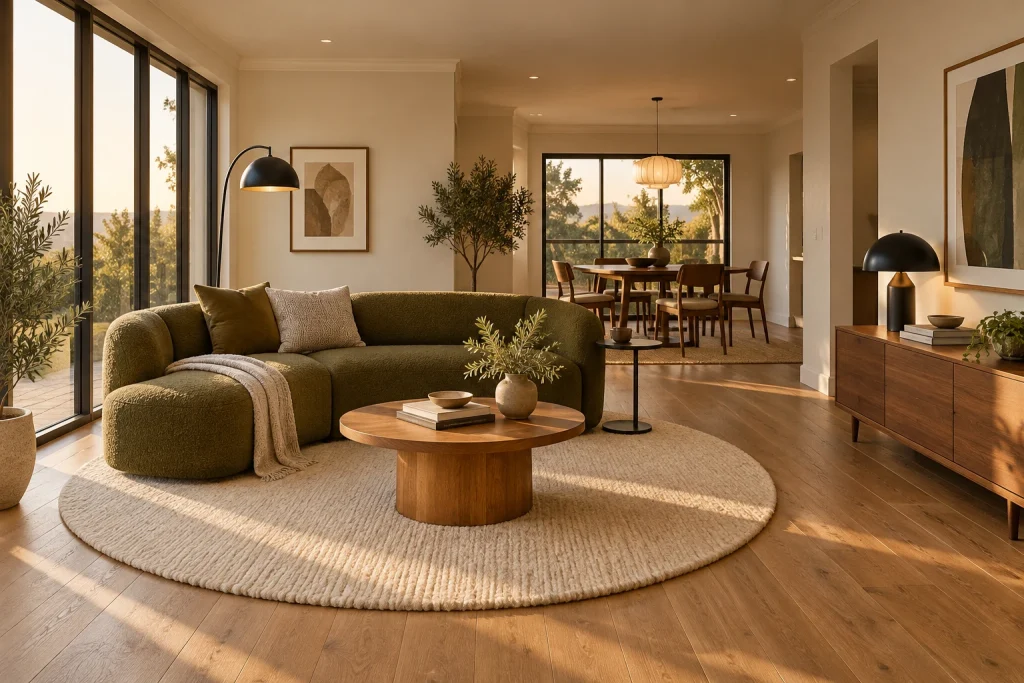 Mid-century rounded sectional anchoring an open-plan living room, Mid-century modern Open-plan living room connected to dining area interior