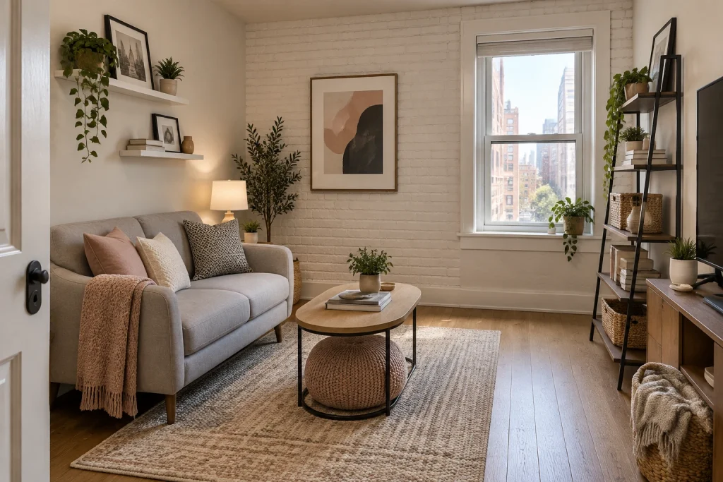 Renter-friendly small apartment rounded loveseat setup, Contemporary casual / affordable Compact city living room (studio apartment) interior
