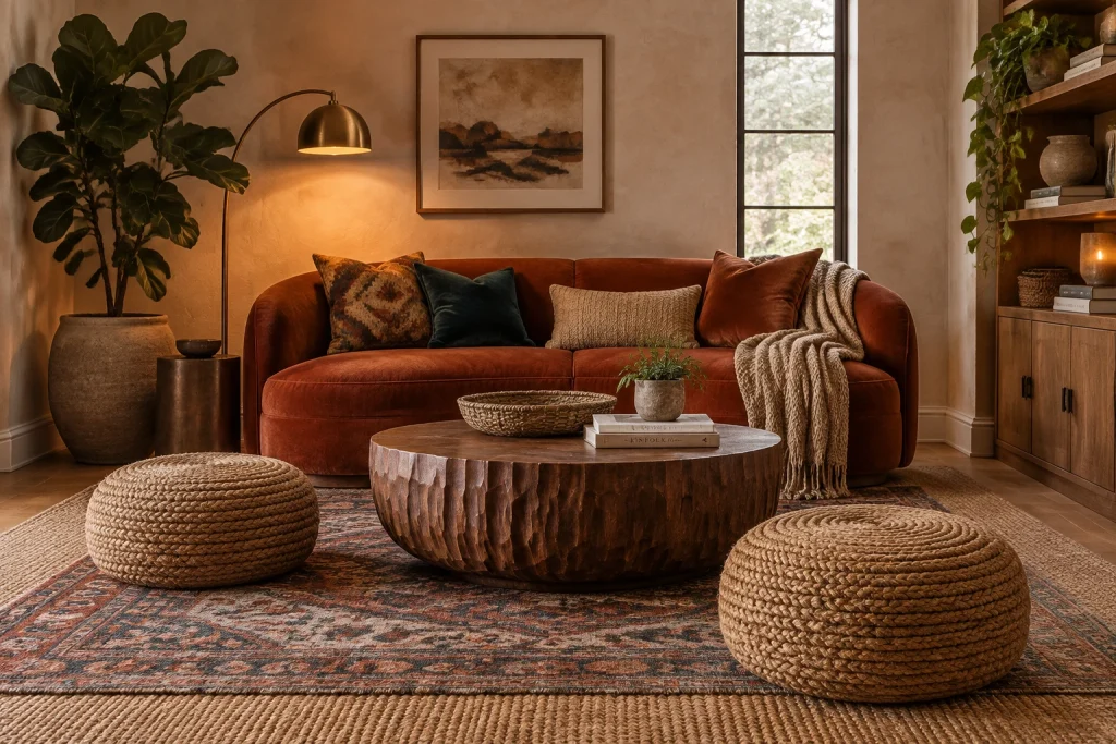 Layered bohemian rounded sofa for cozy lounging, Bohemian layered Intimate living room / reading nook interior