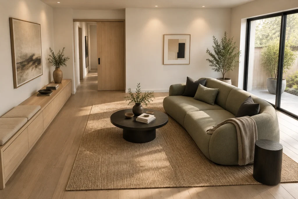 Japandi low-profile curved sofa with integrated storage bench, Japandi (Japanese + Scandinavian) Minimal living room with storage-ledger interior