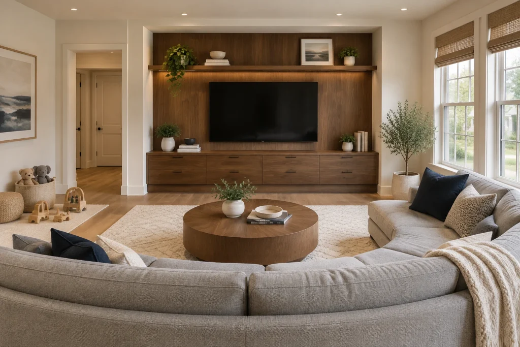Family-friendly rounded sectional with integrated media storage, Scandinavian modern, durable/family practical Suburban family living room with TV/media wall interior