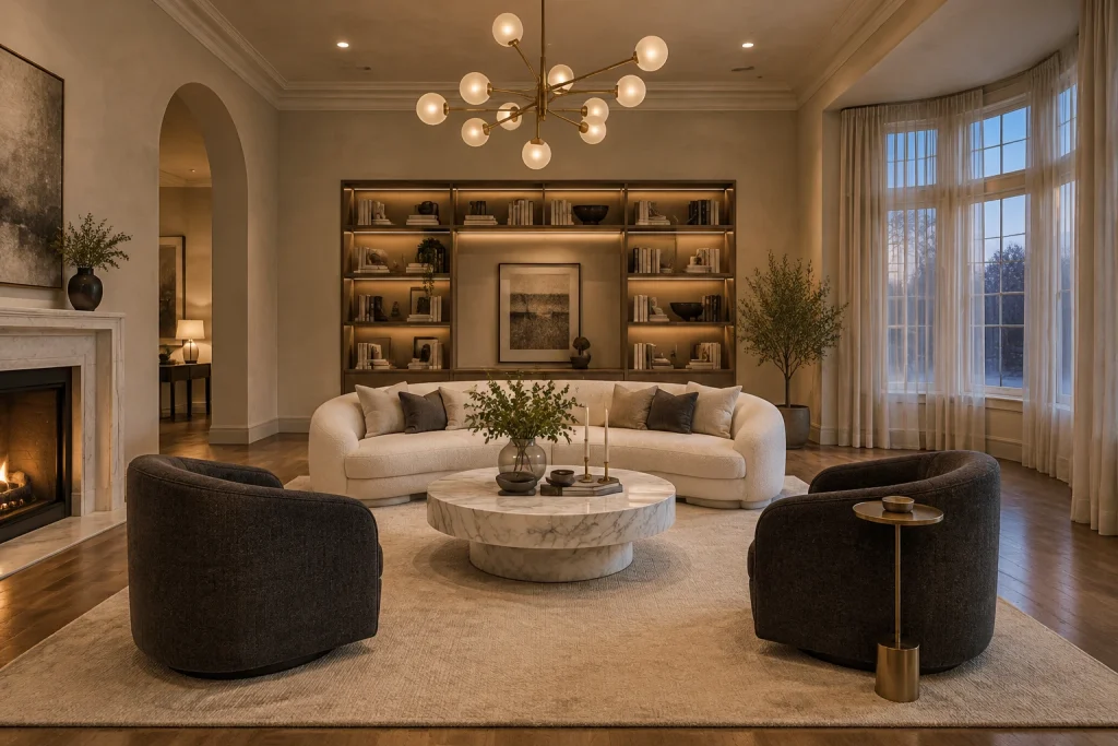 Formal modern living with curved sofa under high ceiling and chandelier, Modern luxe Formal living room in larger home with bay window interior