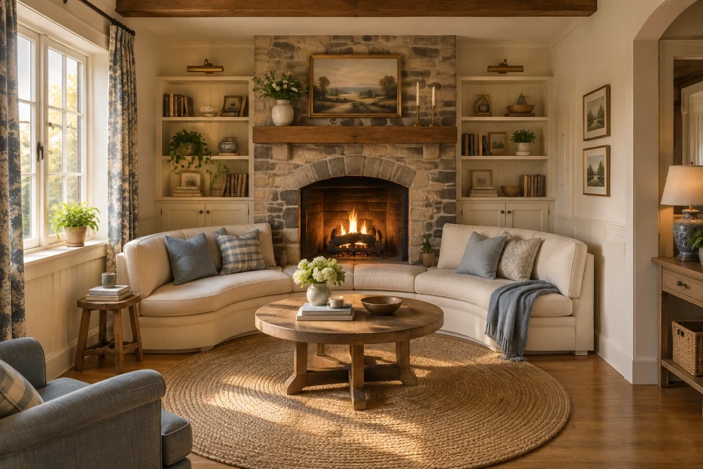 Cozy cottage fireplace with custom curved banquette sofa, Cottage / English country Small living room centered on a fireplace interior