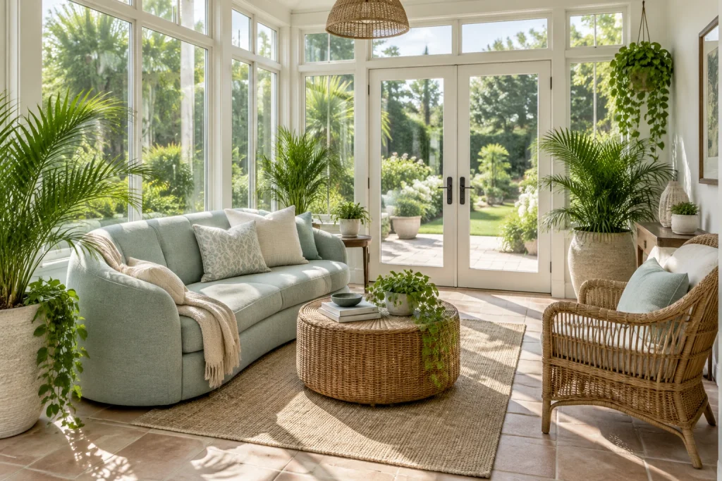 Sunroom conservatory with rounded sofa for indoor-outdoor living, Coastal eclectic with natural fibers Enclosed sunroom / conservatory interior