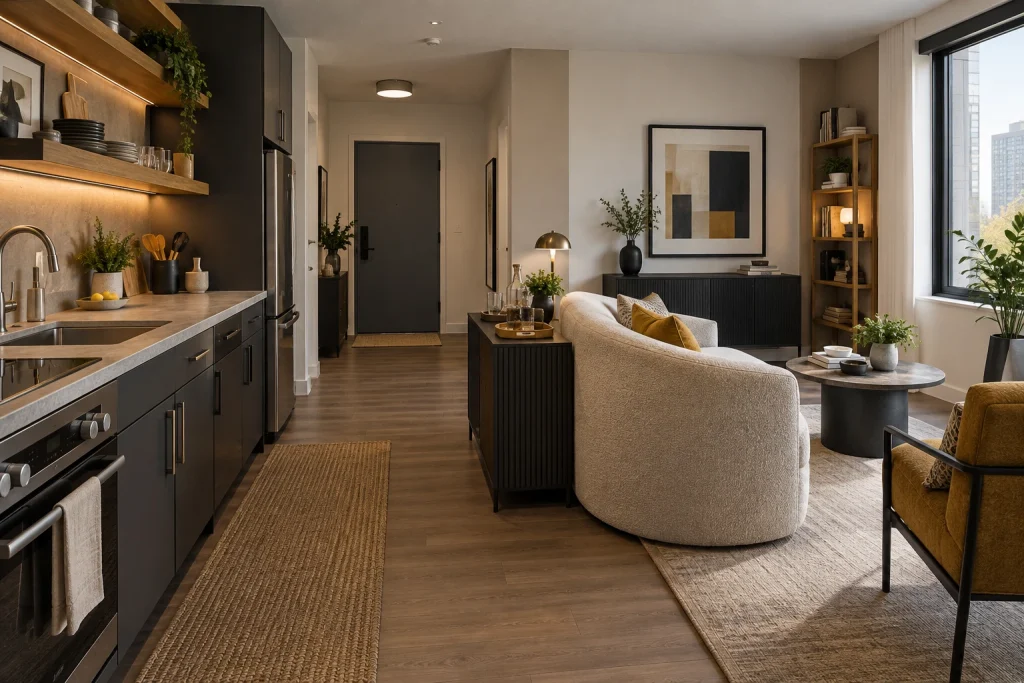 Studio layout where curved sofa divides living and kitchenette, Urban modern multifunctional Studio apartment open plan, sofa as room divider interior