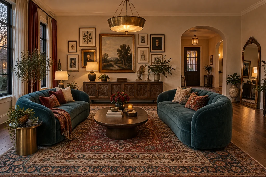 Eclectic living with two rounded sofas faced for conversation, Eclectic maximalist (curated layers) Generous living room / conversational parlor interior