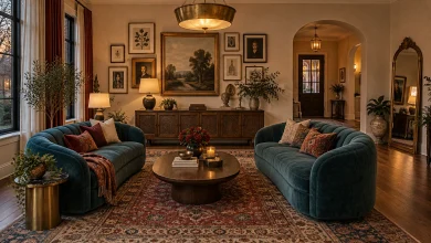 Eclectic living with two rounded sofas faced for conversation, Eclectic maximalist (curated layers) Generous living room / conversational parlor interior