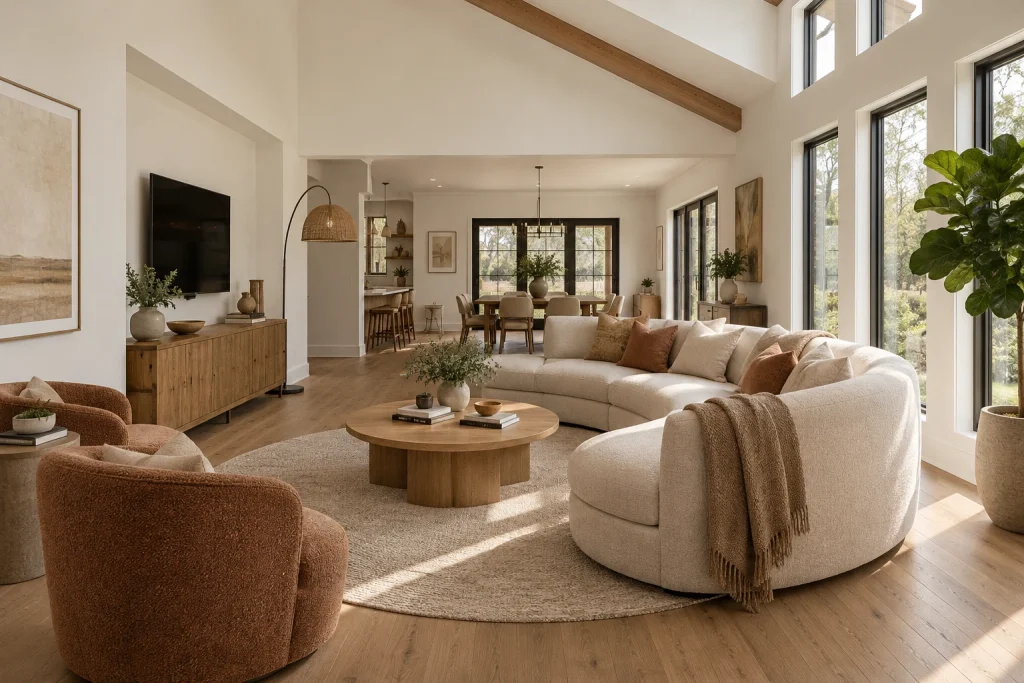 Airy vaulted living room with large curved sectional anchoring an open plan, Contemporary organic Open-plan living room (vaulted ceiling, adjacent dining) interior