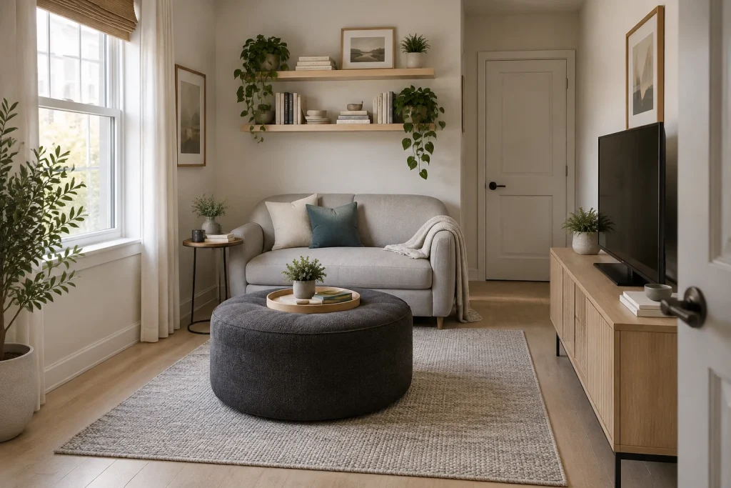 Small apartment living area optimized with a curved loveseat and round multifunctional ottoman, Modern minimal / renter-friendly Compact living room in an apartment interior