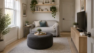 Small apartment living area optimized with a curved loveseat and round multifunctional ottoman, Modern minimal / renter-friendly Compact living room in an apartment interior