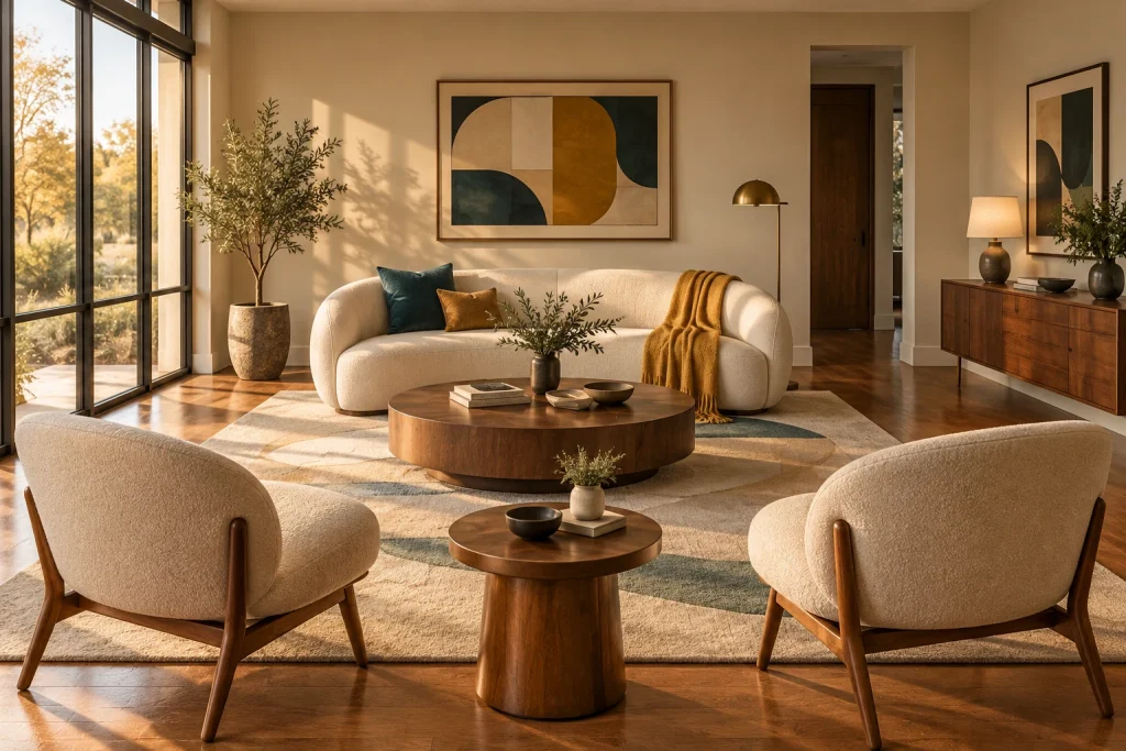 Mid-century curved sofa anchored by multiple round elements for a loungey look, Mid-century modern Formal living room interior