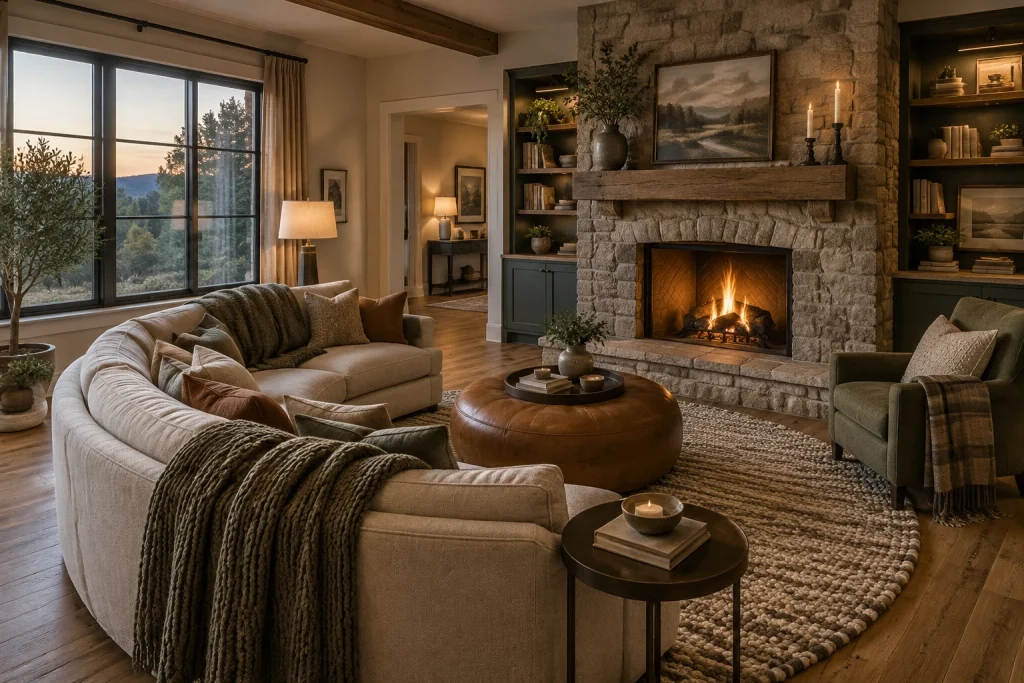 Cozy fireplace-focused curved seating arranged in a semicircle, Modern rustic Living room with fireplace interior