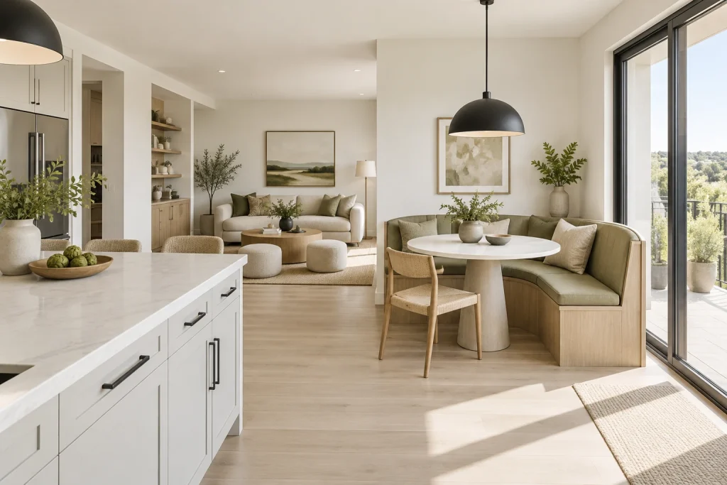 Open-plan kitchen-living with curved banquette and circular dining table, Scandinavian modern Open kitchen and living area interior