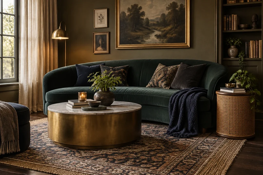 Layered texture scheme around a deep curved lounge sofa for a moody, jewel-toned room, Eclectic / maximal restraint Cozy lounge / reading room interior