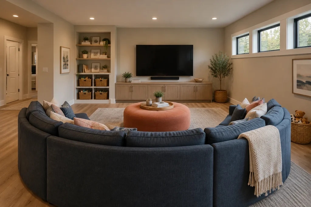 Family TV room using a curved sectional to maximize viewing angles with a circular pouf for kids, Casual contemporary family Family media room interior