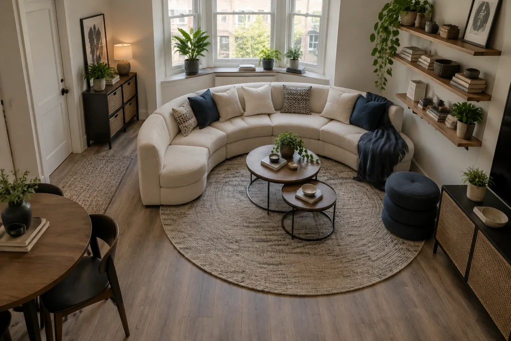 Renter-friendly modular curved seating that reconfigures into a circular conversation pit, Contemporary eclectic, budget-conscious Flexible small living space / studio interior