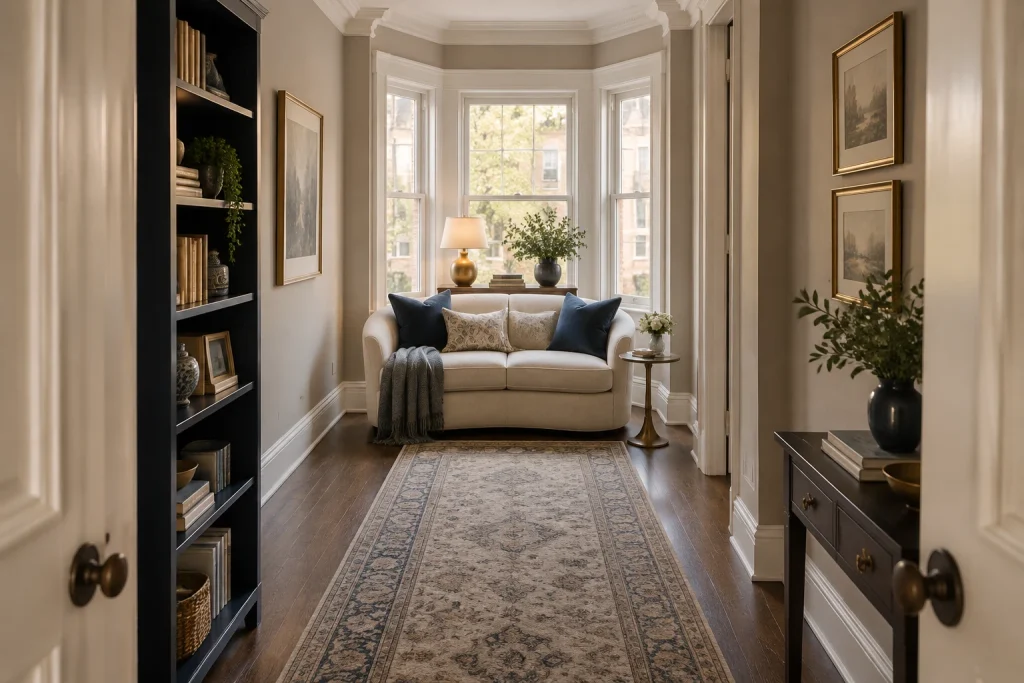 Small townhouse parlor using a curved two-seater and round console to respect narrow proportions, Traditional with modern updates Narrow front parlor / sitting room interior