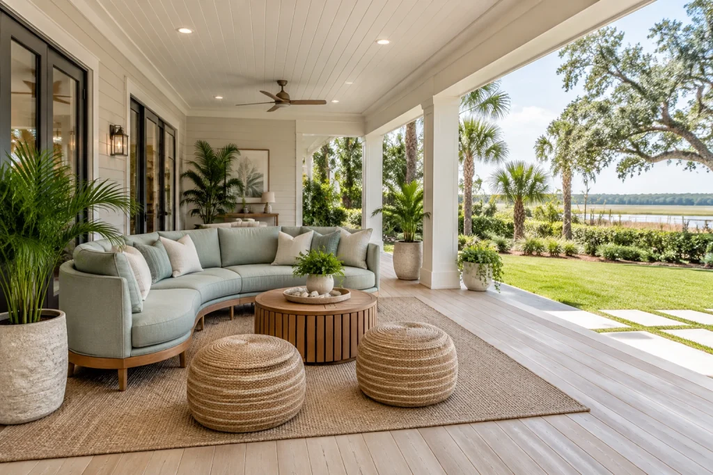 Indoor-outdoor living with curved outdoor sofa and round furniture on a deep covered porch, Coastal modern Covered porch / sunroom transition interior