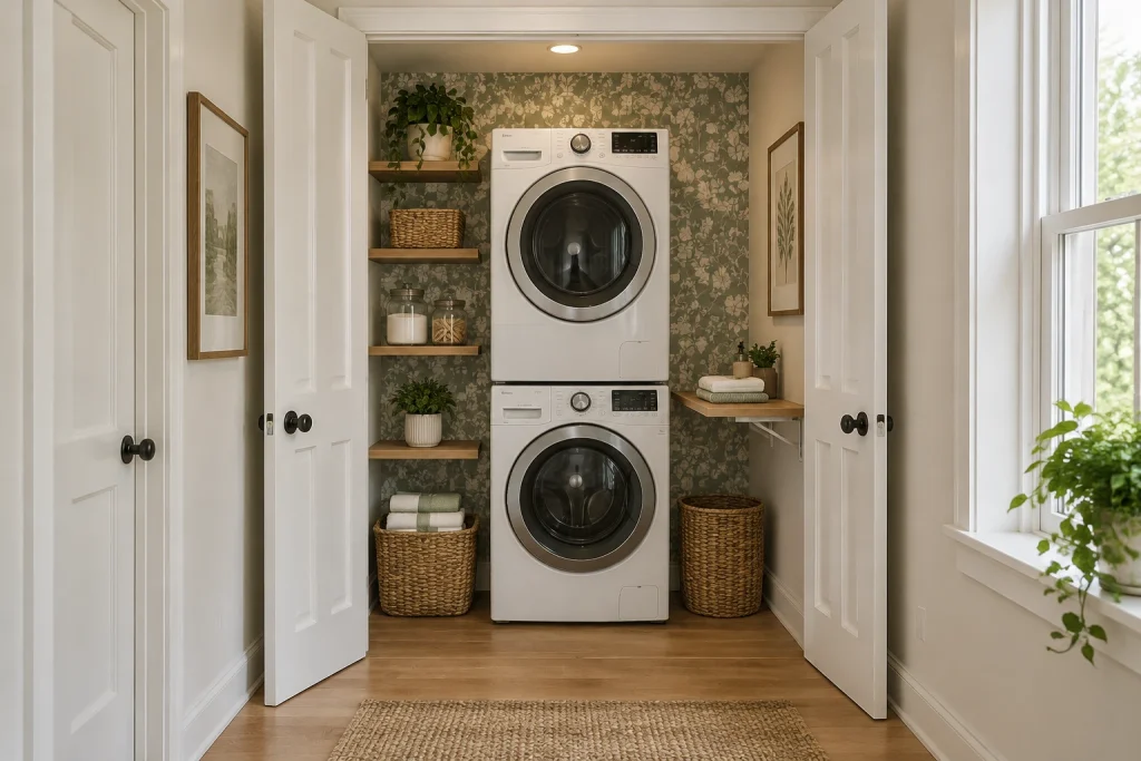 Closet-to-laundry with wallpaper accent, Modern cottage Converted hallway closet / compact laundry alcove interior