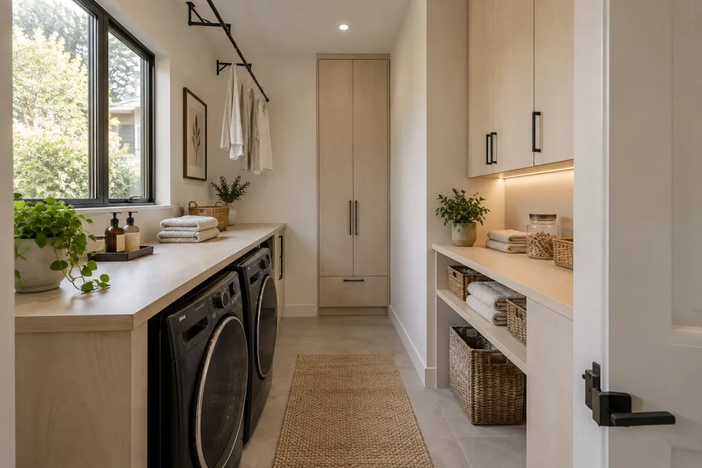 Galley laundry with long folding counter, Minimal Scandinavian Narrow galley laundry room interior