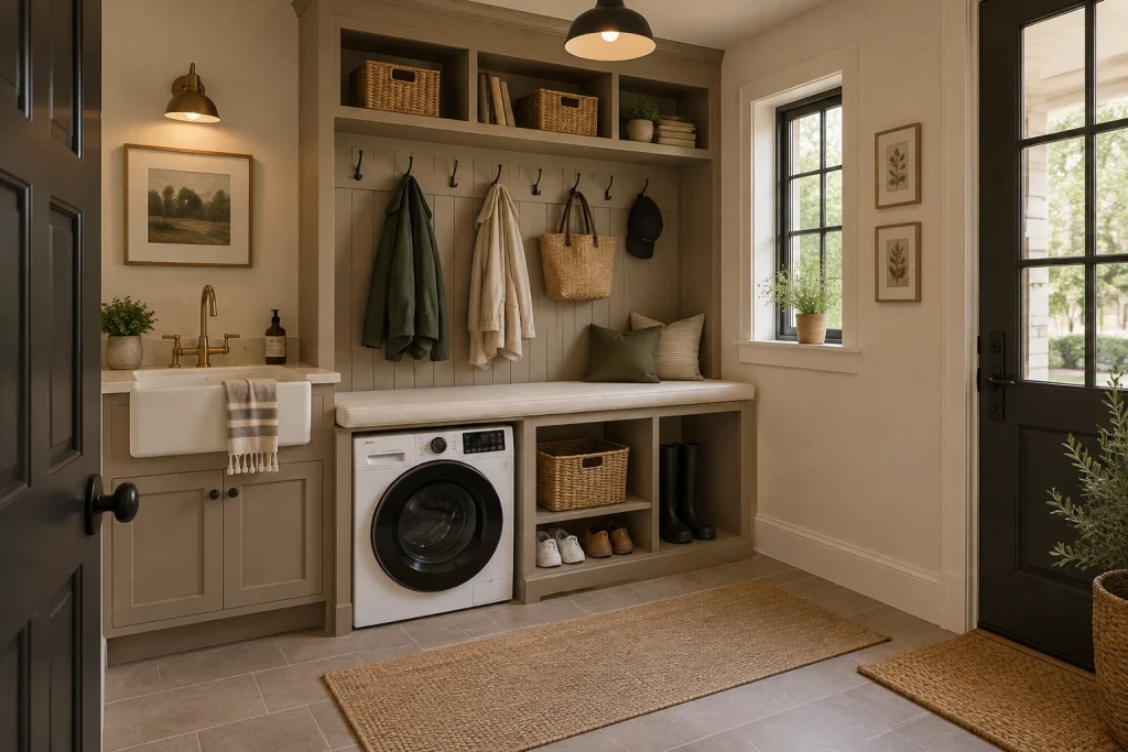 Mudroom-laundry hybrid with bench and hooks, Transitional farmhouse Entry mudroom with integrated laundry interior