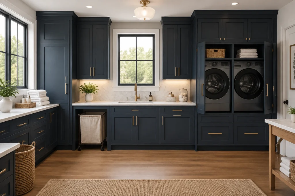 High-end built-in cabinetry and sink, Modern traditional / premium Dedicated spacious laundry room interior