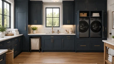 High-end built-in cabinetry and sink, Modern traditional / premium Dedicated spacious laundry room interior