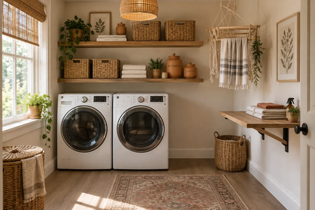Boho open shelving with natural textures, Boho-chic Small laundry room with open wall interior