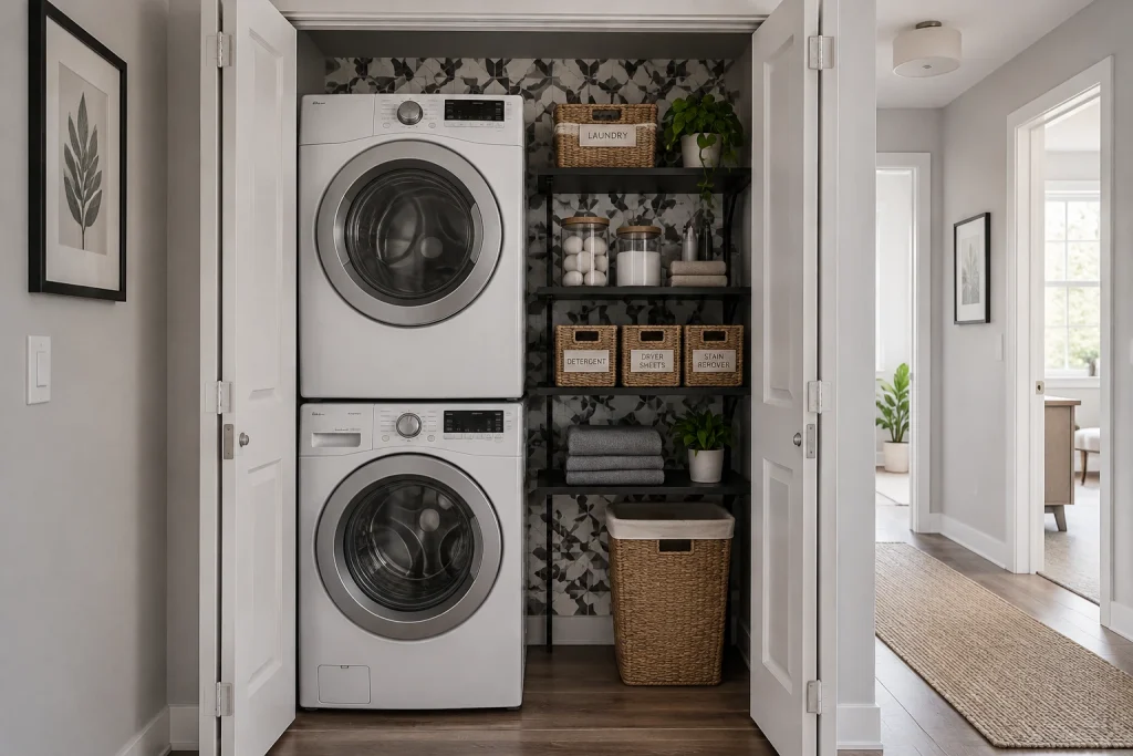Renter-friendly temporary upgrades, Contemporary casual Washer/dryer closet in an apartment interior