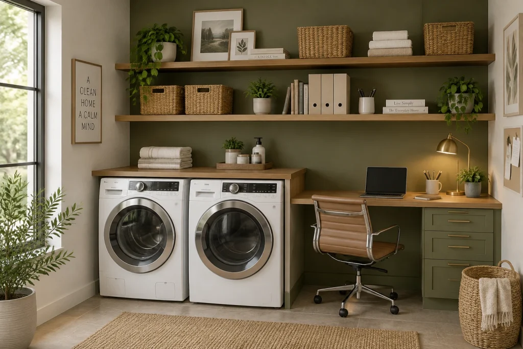 Multi-tasking laundry + home office nook, Modern organic Laundry room doubling as a small workspace interior