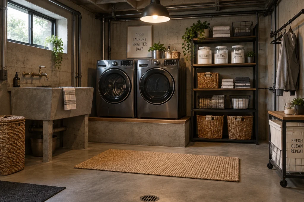 Basement utility with industrial edge, Industrial modern Basement laundry and utility room interior