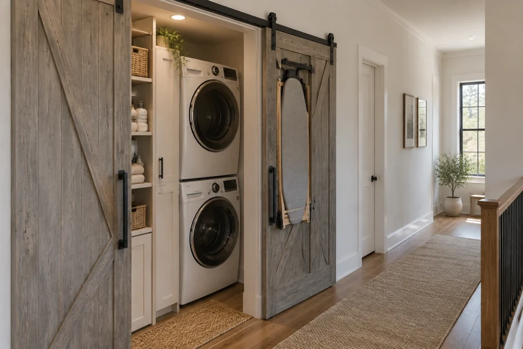 Hidden laundry behind sliding barn doors, Modern farmhouse / space-saving Small utility alcove concealed in open-plan hallway interior